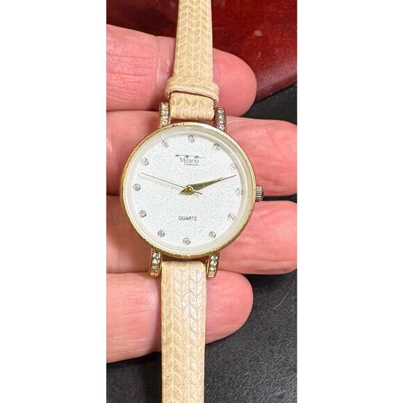 Women's Milano Expressions Watch, Gold Tone with Sparkle Face, Tan Band - Picture 1 of 3